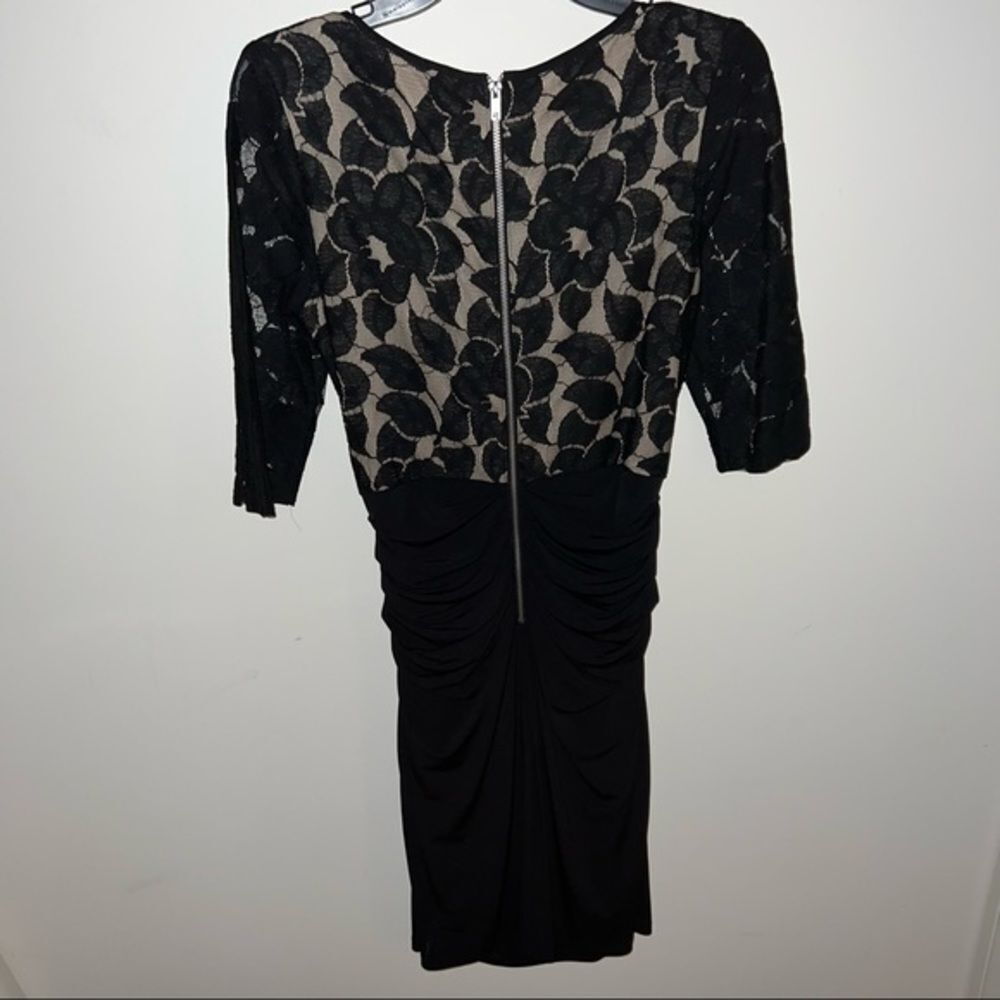 Signature by Sangria Black Ruched Dress with Lace Sleeves and Back‎